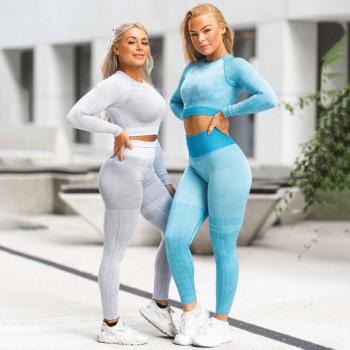 Seamless Yoga Set Women Two 2 Piece Long Sleeve Crop Top T-Shirt Leggings Tracksuit Outfit Clothes Gym Wear Sport Fitness